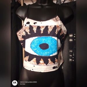 Cami. Cropped w/ Spaghetti Straps. Cream Gold Black Blue. LG.